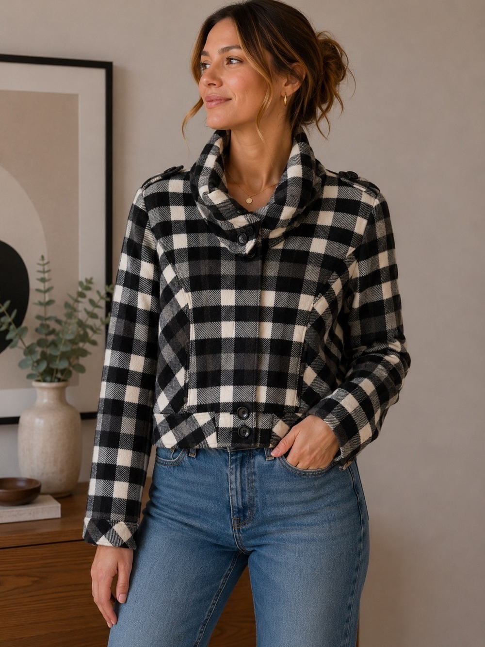 Mario Serrani Black and White Checkered Jacket Plaid Size 8 Cozy Fall Winter